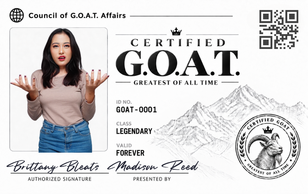 Custom anonymous G.O.A.T. license example