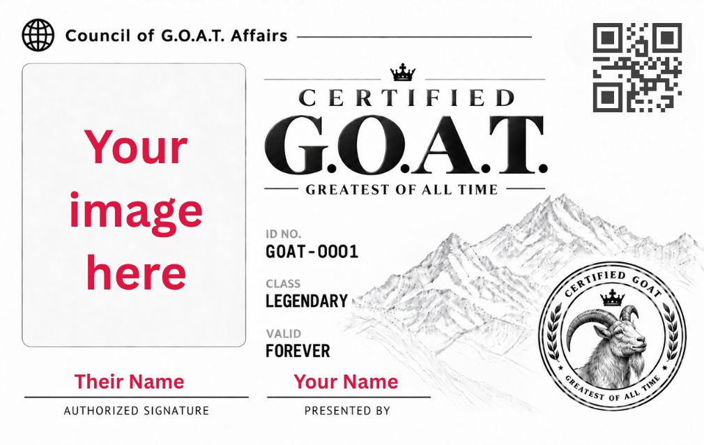 Custom G.O.A.T. license template — your image here
